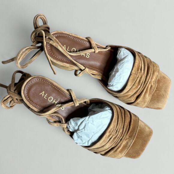 Alohas Kahlo Suede Ankle Tie Heeled Sandal in Camel - Picture 6 of 10